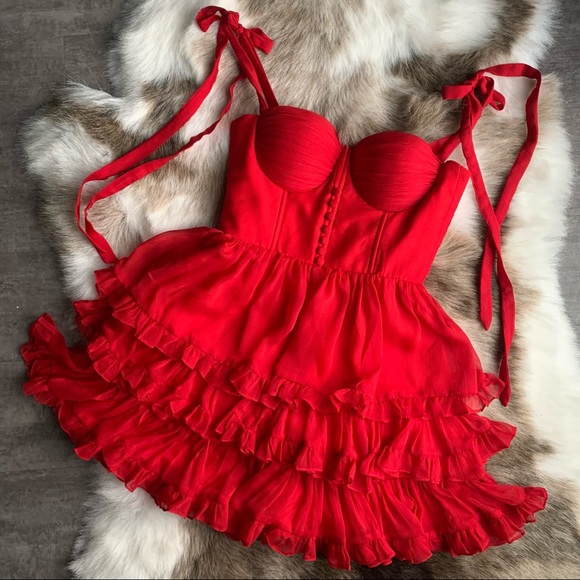 Red ruffled tie strap mini dress - Picture 5 of 10